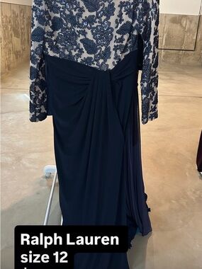 Ralph Lauren Navy Long Sleeve Embroidered Bodice Evening Gown